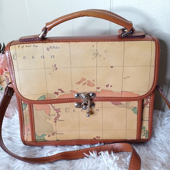 Vintage World Map Leather Hand Bag With Shoulder Strap Top Handle Crossbody - Picture 2 of 10